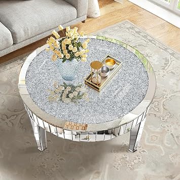 Silver Mirrored Coffee Table with Crystal Inlay, Round Glass Tea Table with Mirrored Finish, Modern Center Table for Living Room and Office (31.5" D x 31.5" W x 19.7" H)