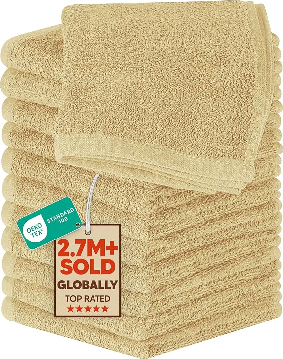 Utopia Towels 12 Pack Washcloths, 12x12 in, 100% Cotton, Beige