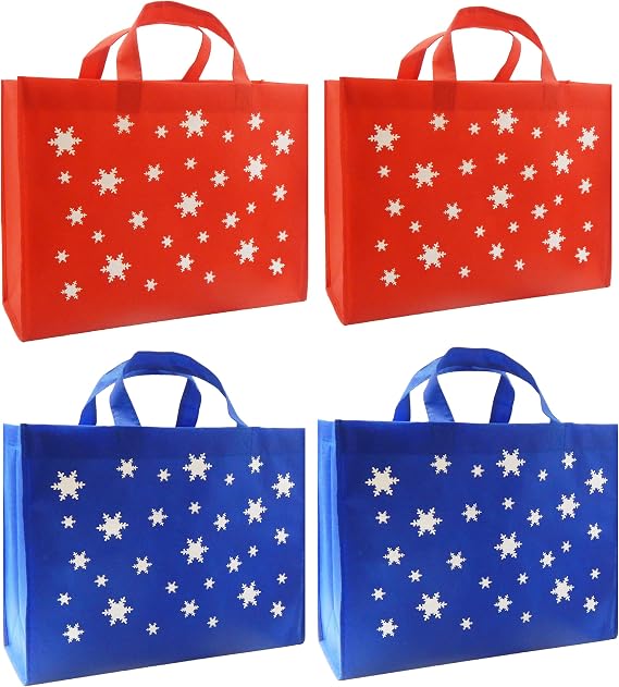 CYMA Reusable Gift Bags, Large, Snowflake, 4 Pack (Red/Blue)