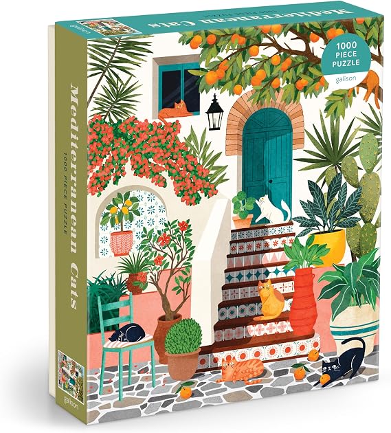Galison Mediterranean Cats 1000 Piece Jigsaw Puzzle Featuring Beautiful Artwork of A Citrus Inspired Stoop with Cats