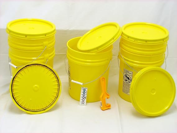 Bucket Kit, Five 90 mil Yellow Food Grade 5 Gallon Buckets with Yellow Snap-on Lids and one Lid Wrench