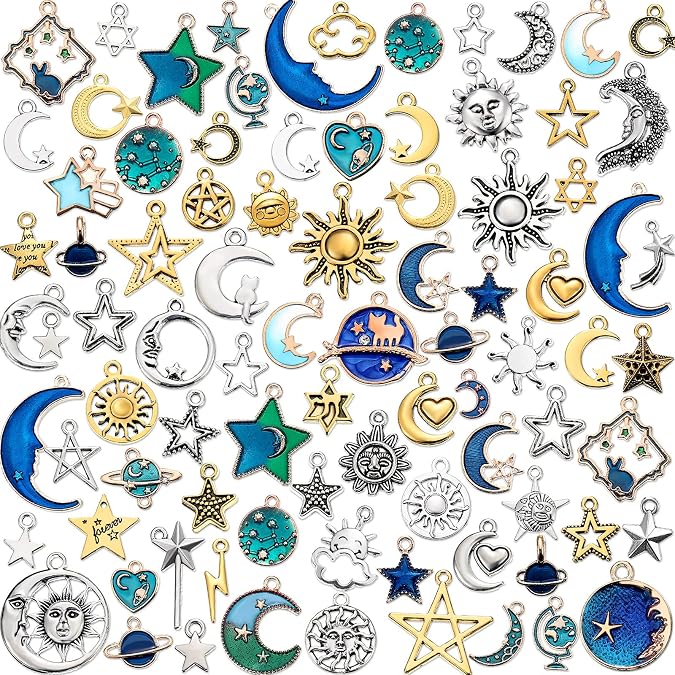 Hicarer 160 Pcs Bracelet Charms, Mixed Antique Sun Star Moon Charm Pendant Plated Enamel Celestial Charm for Jewelry Making