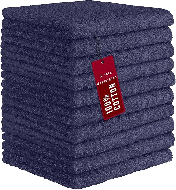 DecorRack 10 Pack 100% Cotton Wash Cloth, Luxurious Soft, 12 x 12 inch Ultra Absorbent, Machine Washable Washcloths, Imperial Blue (10 Pack)
