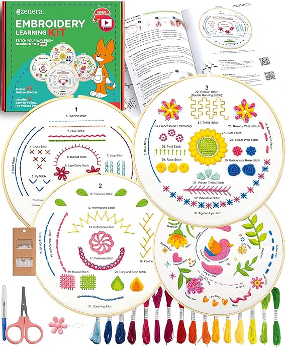 Azenera Beginner Embroidery Kit (4 Pack) for Adults, Learn 33 Stitches with Easy DIY Video Tutorials, Coloured Design Patterns, Cross Stitch Hoop, Gift (AZA100)
