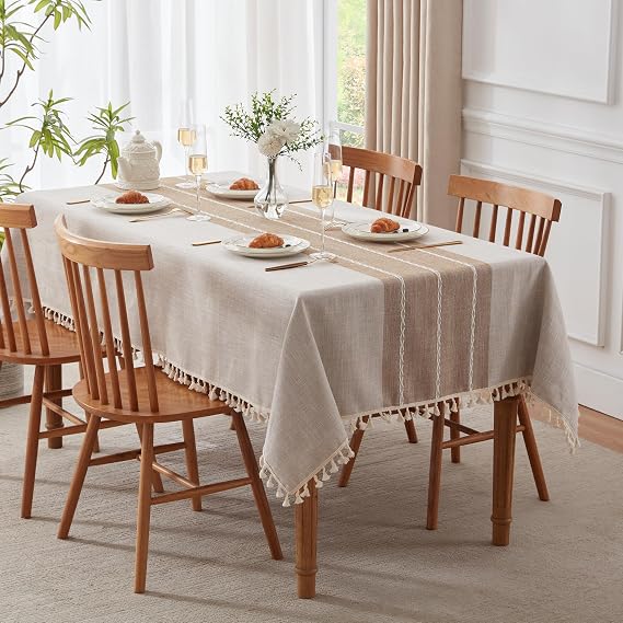 SunStyle Home Table Cloth for Rectangle Tables,Cotton Linen Waterproof Tablecloth Burlap Table Cloths for Kitchen Dining TableLight Coffee Strips, 55"x102",8-10 Seats