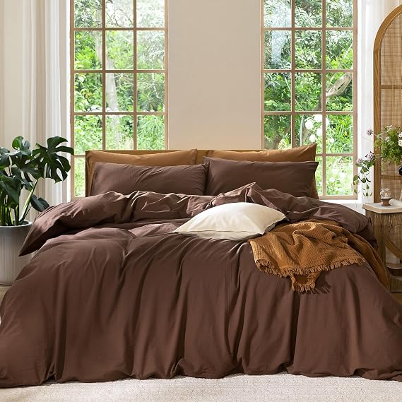 MOOMEE Bedding Duvet Cover Set - 100% Washed Cotton Linen Like Textured Breathable Durable Soft Comfy Bedding Set with Hidden Zipper Closure(Solid Cocoa Brown,Double Size)