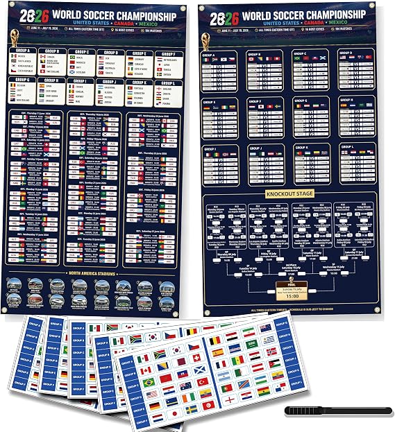 2026 World Soccer Cup Schedule & Match Fabric Wall Chart Set 2 Large Cloth Posters with Marker & National Flag Stickers for wonderful Soccer Fans Gift Soccer Game Night Decorations (75x130cm)