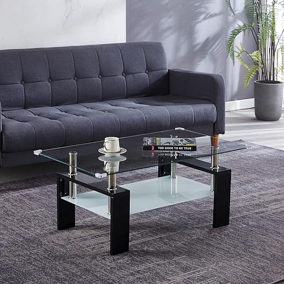 Coffee Table Modern Tempered Glass Coffee Table with Storage Rectangle Center Tables with Shelf Dining Table for Living Room, Dining Room, Office, and Bedroom,37.4" W, Black