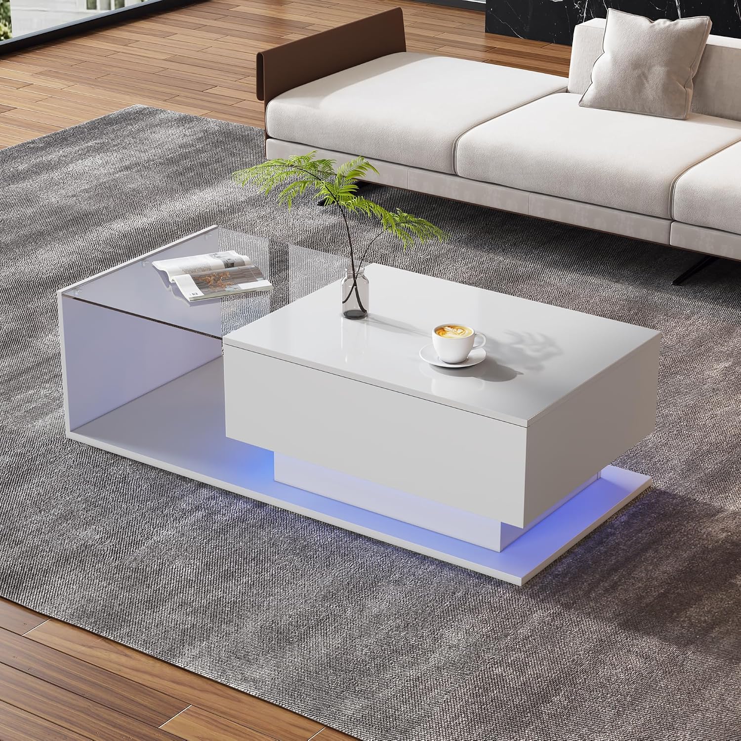 ModernLuxe Modern LED Coffee Table, High Gloss Coffee Table Center Table with Tempered Glass Top and Drawer,100x50x32cm Lighting Controlled via App, Large Storage Space, Easy Assembly, White