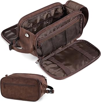 PAVILIA Toiletry Bag for Men, Hanging Travel Dopp Kit Organizer, PU Leather Water Resistant Bathroom Bag for Shaving Grooming, Large Capacity Cosmetic Bag Travel Essentials, Dark Brown