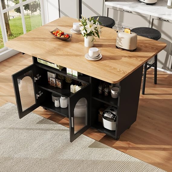Kitchen Island on Wheels, Removable Serving Trolley, Kitchen Cabinet with Folding Tabletop, Buffet Cabinets, Multifunctional Dining Table for Kitchen & Dining Room, Black