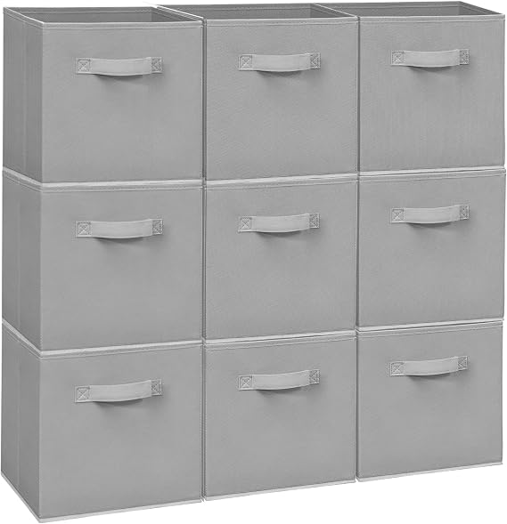 Easi Storage Cubes, 11 Inch Storage Bins, Set of 9, Foldable Fabric Cube Storage Organizer With Handles, Closet Cube Storage Bins, Collapsible Cubby Storage Organizer for Shelves,Offices, Gray