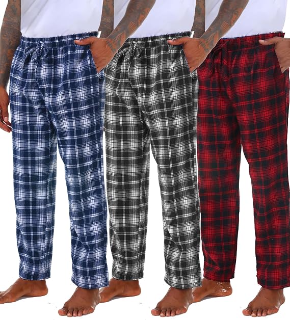 Kinglaman 3 Pack Men' s Flannel Pajama Pants Plaid PJ Bottoms 1Black-Red 1Black-White 1Blue-White Large