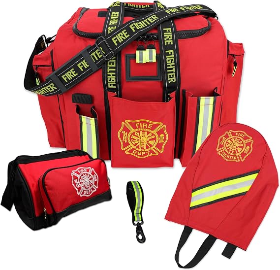 Lightning X LXFB20-PKG Firefighter Turnout Gear Bag Package with SCBA Mask Bag Toiletry Pouch Glove Holder Padded Step-in Design Reflective Trim Heavy-Duty Waterproof Construction - RED
