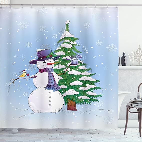 Ambesonne Christmas Shower Curtain, Snowman in The Winter with Mistletoe Present Top Hat and Scarf Tree and Bird, Cloth Fabric Bathroom Decor Set with Hooks, 69" W x 70" L, Green Blue