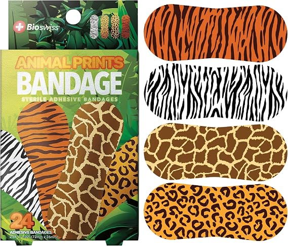 BioSwiss Bandages, Animal Print Shaped Self Adhesive Bandage Set, Latex Free Sterile Wound Care, 24 Count