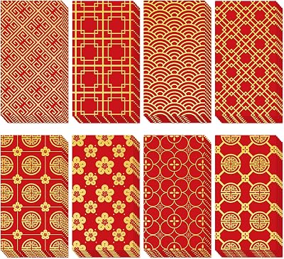 64Pcs Chinese New Year Red Envelope Gold Foil Spring Festival Lucky Money Pocket Hong Bao for 2025 Chinese Lunar Year Party Supplies, 8 Designs