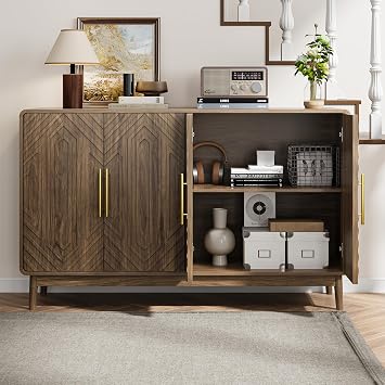 Sideboard Buffet Kitchen Storage Cabinet with 4 Doors, Modern Accent Cabinet with Adjustable Shelves, Rustic Multifunctional Console Table for Living Room, Kitchen, Entryway, Hallway