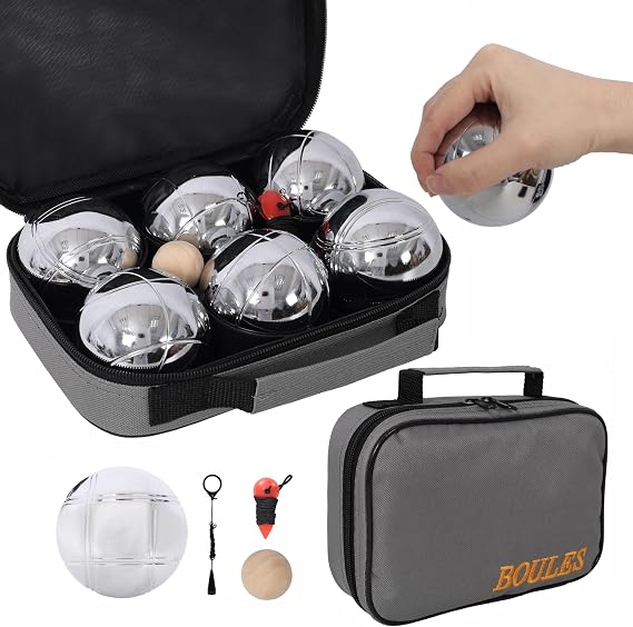 Bocce Sets Petanque Game Set, 6 Pcs Official Size Metal Boules Set with Carrying Bag, Outdoor Lawn Game for Beach Backyard Family Party (Gray)