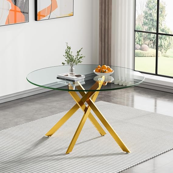 Henf 47.25" Round Dining Table for 4-6, Modern Glass Kitchen & Dining Room Table w/0.32" Tempered Glass Top & Gold Metal Legs, Circle Leisure Dinner Table for Kitchen Dining Room Small Spaces