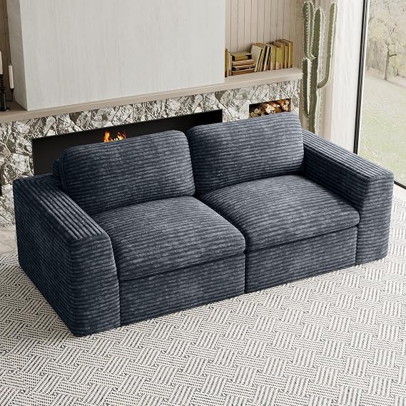 Boneless Loveseat Sofa Plush Corduroy Sectional Couch with Deep Seat Modular Cloud Sectional Couches for Living Room.Grey Sofa.