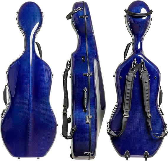 MI&VI CC-9001 Pure 100% Carbon Fiber Cello Case (Full Size) 4/4 with Wheels | Carry Straps | 8lb Lightweight | Tough Shell (3K Blue)