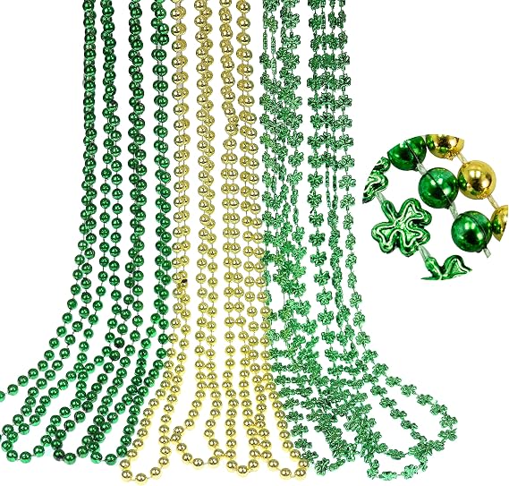 GiftExpress 12 pack Metallic Green Gold Shamrock Beaded Necklace, Mardi Gras Beads Necklace, Mardi Gras Throws, Party Events and Celebration Beads Costume Necklaces