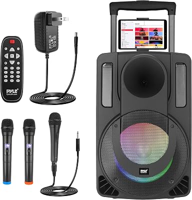 Pyle 15 Bluetooth Portable PA Speaker System Rechargeable Karaoke Party Speaker with Wireless & Wired Microphones, LED Lights, Tablet Stand, USBSDFM Radio, Trolley Wheels for IndoorOutdoor Use