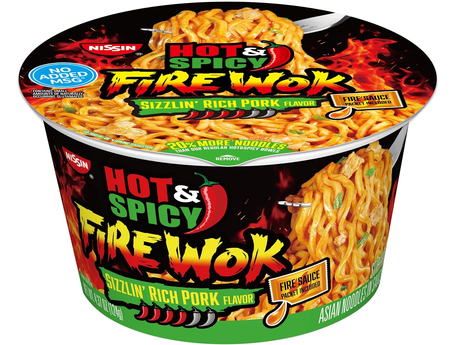 Nissin Hot & Spicy Fire Wok, Sizzlin' Rich Pork, 4.37 Ounce Pack of 6