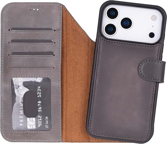 iPhone 17 Pro ile Uyumlu Hakiki Deri Cüzdanlı Kılıf – Premium Hakiki Deri, 4 Kart Bölmeli, RFID Koruma, MagSafe Uyumlu, 360° Tam Koruma, Stand Özellikli, Manyetik Kapaklı (Gri)