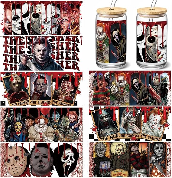 8 Sheets UV DTF Cup Wraps Sticker, Halloween Scary Movie Characters Rub on Transfers for Glass 16 oz, Creative Festival Decoration, No Heat Needed Ready to Apply