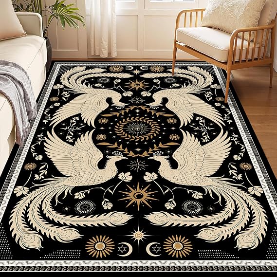 Gothic Sun Moon Area Rug 4x6 Phoenix Washable Rugs for Living Room Bedroom Dining Room Non-Slip Witchy Bird Carpet for Entryway Kitchen Black Golden Doormat Floor Mats Indoor Decor
