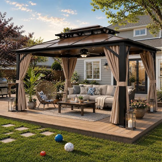 10'x13' Hardtop Gazebo, Outdoor Polycarbonate Double Roof Canopy, Aluminum Frame Permanent Pavilion with Curtains and Netting, Sunshade for Garden, Lawns, Patio