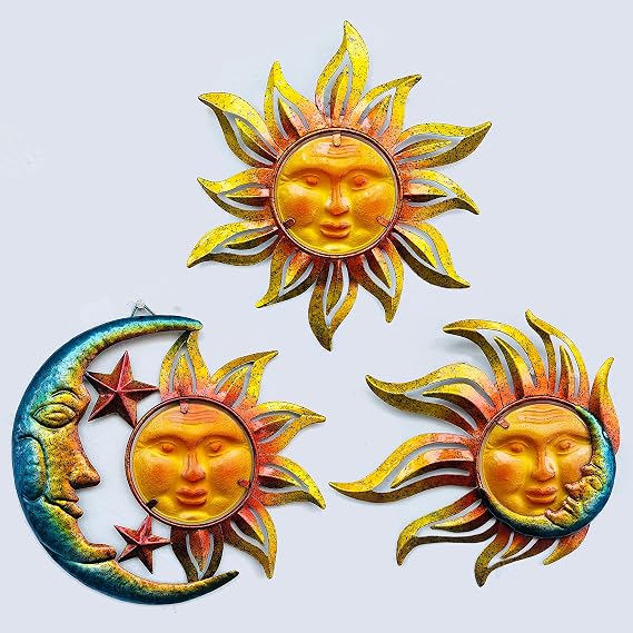 Sun Face Metal Wall Art Decor Outdoor Indoor, Sun Moon Star, Metal & Glass Hanging Wall Patio Decorations for Outdoor Living Room Bedroom Garden Porch Fence Balcony, Set of 3, 9 inch Large.