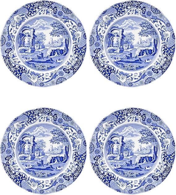 Spode Blue Italian 9-Inch Porcelain Luncheon Plates - Set of 4 Classic Round Dishes with Eastern-Inspired Border - Elegant Blue & White Tableware Gift for Everyday Meals & Hosting