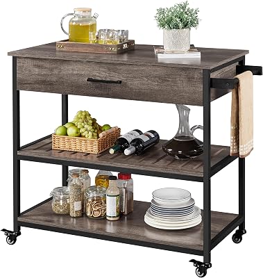Yaheetech Kitchen Cart with Storage, Rolling Kitchen Island with Drawer and Towel Rack, Utility Shelf Microwave Stand Cart with Lockable Wheels for Dining Room, 40 x 20 x 36 inches, Taupe Wood