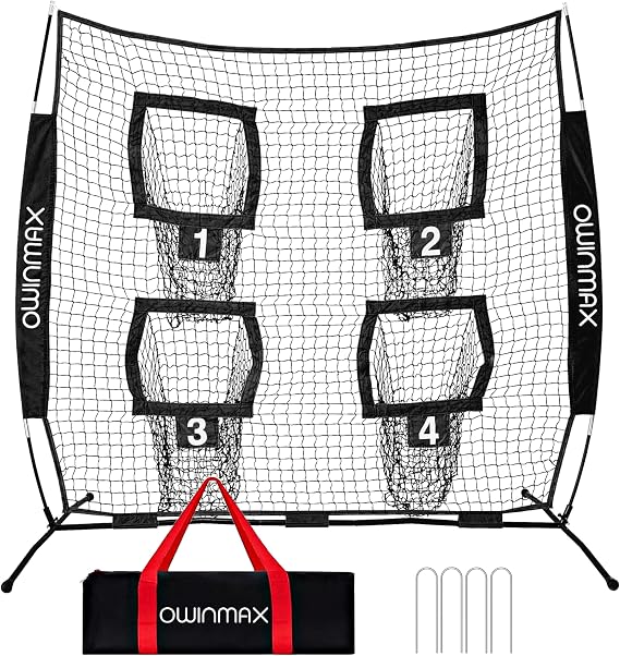 6x6 ft Football Trainer Throwing Net, Training Target Practice with 4 Targets, Includes Carry Bag and Ground Stake, Black and Red, Great for Kids and Youth