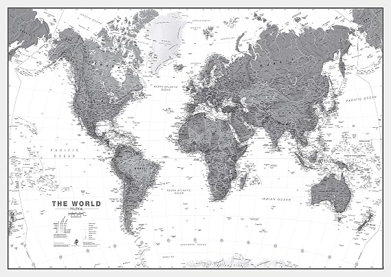 World Large Black & White Political Wall Map Laminated 36 x 48 in
