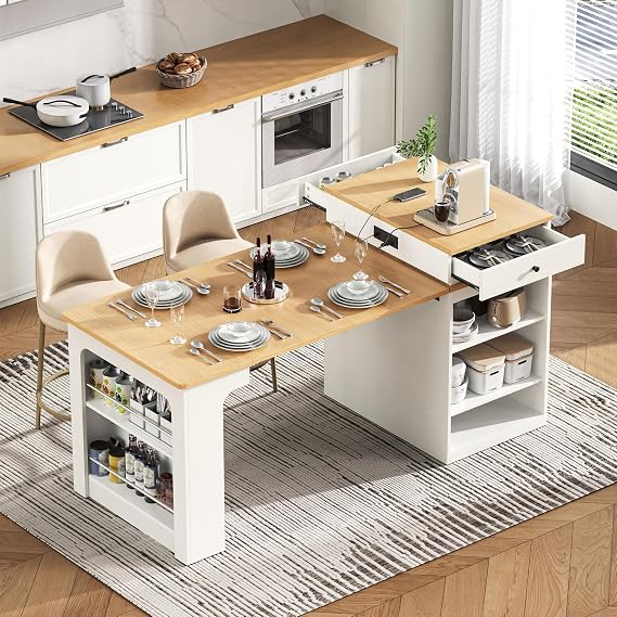 59.5" Kitchen Island with Extendable Dining Table for 2-4 Person, Kitchen Table with Double-sided Storage, 2 Drawers, Power Outlet and Side Open Shelves for Dining Room, Faux Marble Table Top, White