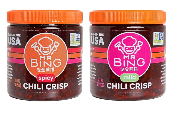 Mr Bing Chili Crisp Variety Pack- Spicy & Mild - Delicious & Flavorful Chili Oil- Made in USA Chili Paste Hot Sauce - Gluten Free, Vegan, No MSG - Pack of 2 (7 oz.) Jars