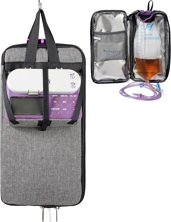 Insulated Feeding Tube Pump Organizer Bag - 3-Layer Thermal Design w/Detachable Cooling Pack Pocket & Pump Platform, Fits 500-1200ml Nutrition Formula, for G J GJ Tube Accessories (Grey)