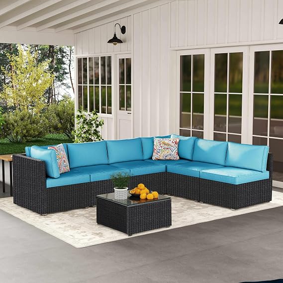 7-Piece Outdoor Patio Furniture Set Handwoven All-Weather Rattan & 4 Thick Waterproof Cushions, Wicker Outdoor Conversation Sets with Coffee Table for Deck, Backyard, Garden, 2026, Black/Blue