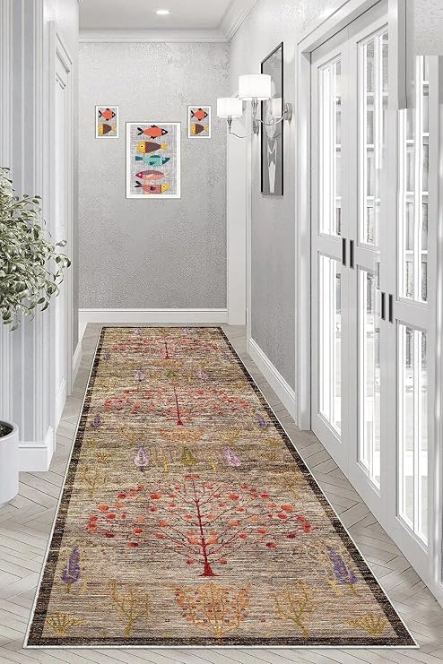 Pelangi Ağaç Desenli Dijital Baskı Yıkanabilir Kaymaz Taban Etnik Kilim Desen Salon Halısı ve Yolluk, Kahverengi 60 x 200, 95541154602007