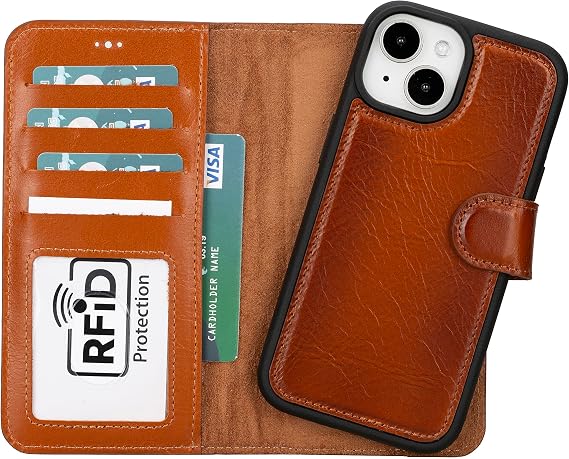 iPhone 15 Plus ile uyumlu Hakiki Deri Cüzdan Kılıf - Kart Yuvalı, Tam Koruma, MagSafe Uyumlu, RFID Korumalı, Stantlı, Güçlü Manyetik Kapama - Üniseks (Rustik Taba)
