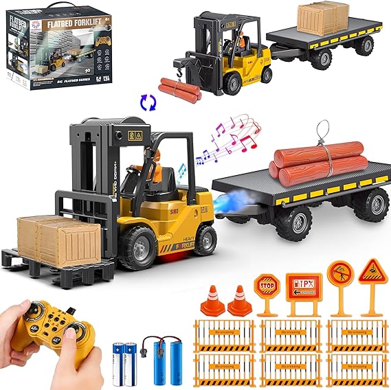 3 in 1 RC Forklift Toy with Trailer & Fork & Hook,Traffic Sign Set