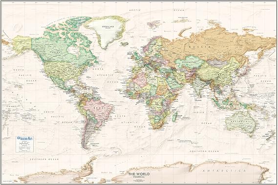 Large Laminated World Map Poster 36x24 Inches - Detailed & Current Political Wall Map with Antique Ocean Design - Perfect for Executives & Educational Use