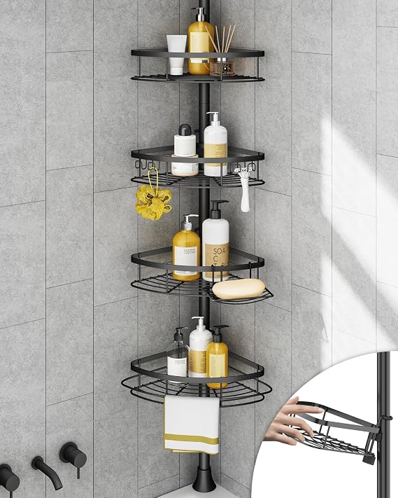 SEIRIONE Rustproof Shower Corner Caddy Organizer for Bathroom, 4-Tier Adjustable Bathroom Shelf with Tension Pole, Solid Rack Ideal for Bathtub Storage, 34 to 116 Inch Height, Black