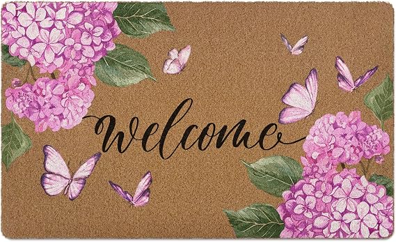 Hydrangea Floral Welcome Door Mat, Summer Pink Hydrangea Butterfly Artificial Coir Front Door Mat Indoor Outdoor Entrance, Cute Farmhouse Doormat Rug for Porch Entryway Patio Decor,17X30 Inch