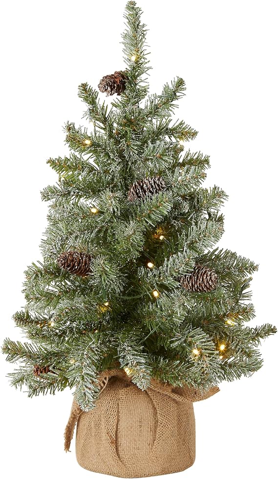 National Tree Company 2ft Pre-Lit Flocked Mini Artificial Christmas Tree | 50 Warm White LED Lights, 75 Tips, Pinecones, Burlap Base, Timer, Green