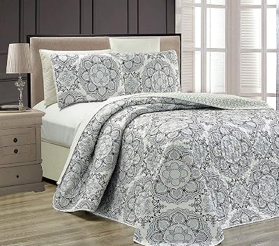 Mk Collection 3pc King Oversize Reversible Quilted Bedspread Set Floral Gray White Black New